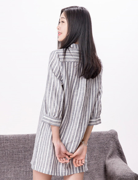 提花條紋麻棉睡裙