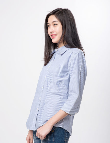 全棉條紋七分袖襯衫