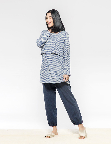 人棉彩條哺乳睡衣套