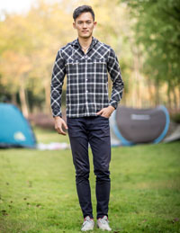 男士長袖帶帽格子襯衫