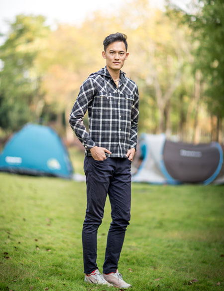 男士長(zhǎng)袖帶帽格子襯衫