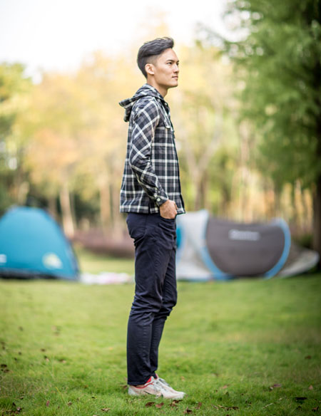 男士長(zhǎng)袖帶帽格子襯衫