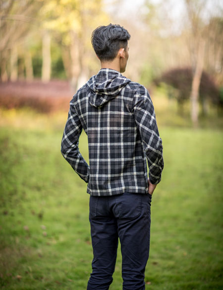 男士長(zhǎng)袖帶帽格子襯衫