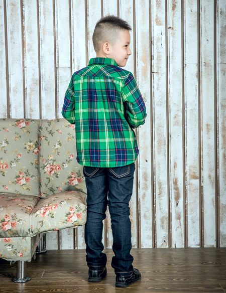 男童長袖撞色格子襯衫