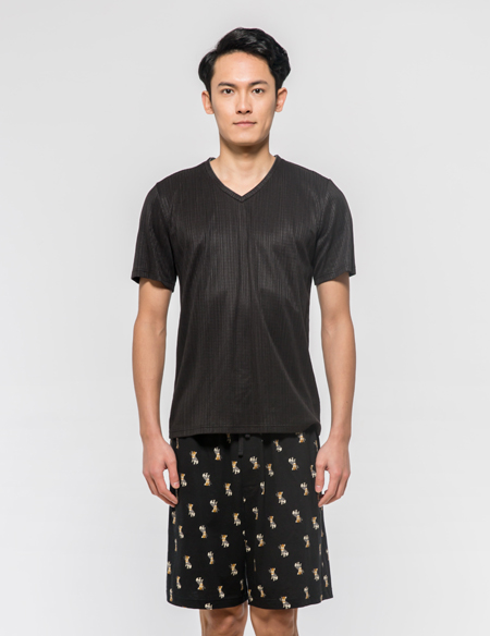 V領(lǐng)T恤印花短睡褲套裝